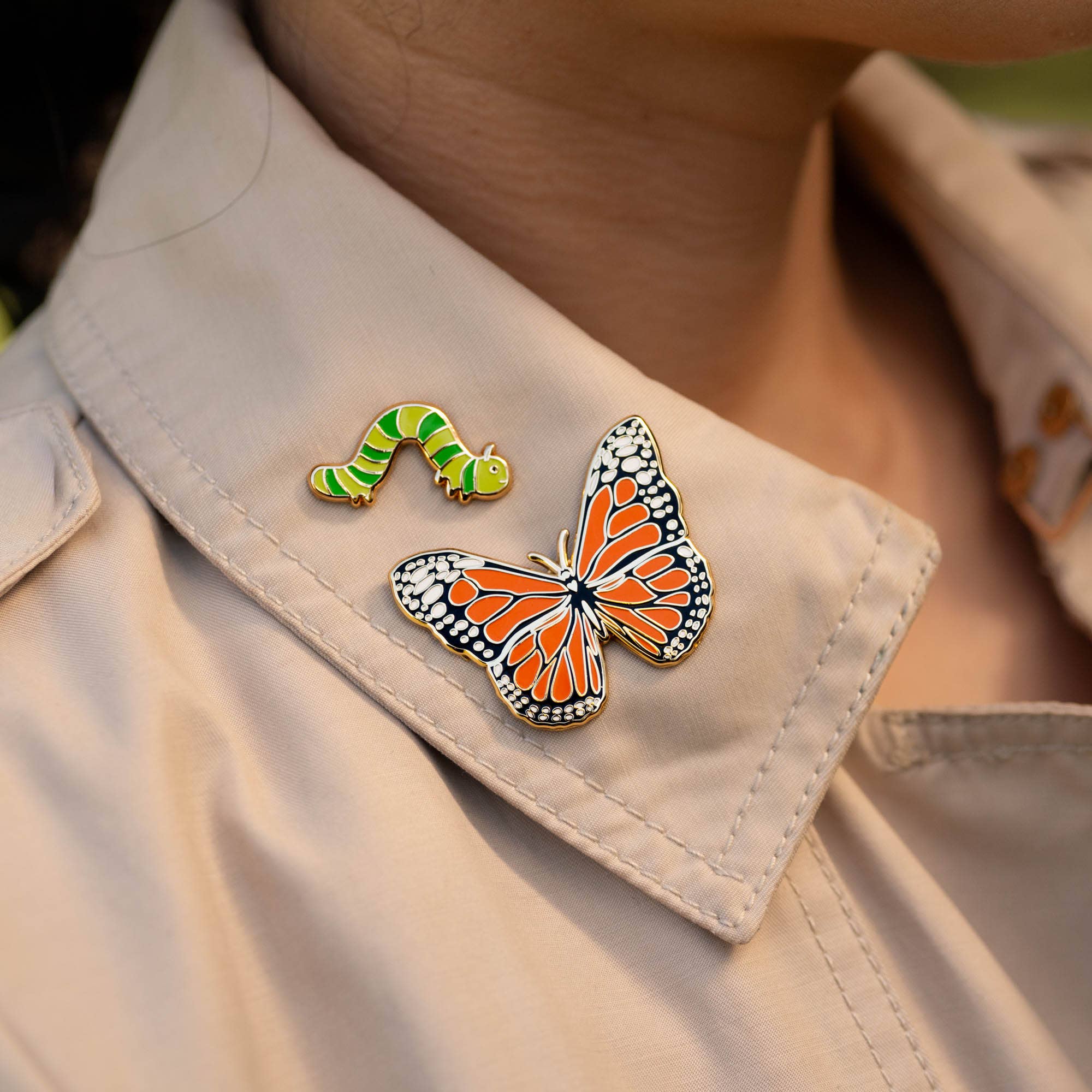 Happily Plants - Wholesale Lapel Pin/Button - Monarch Butterfly & Caterpillar Pin Gift Set, Transformation2
