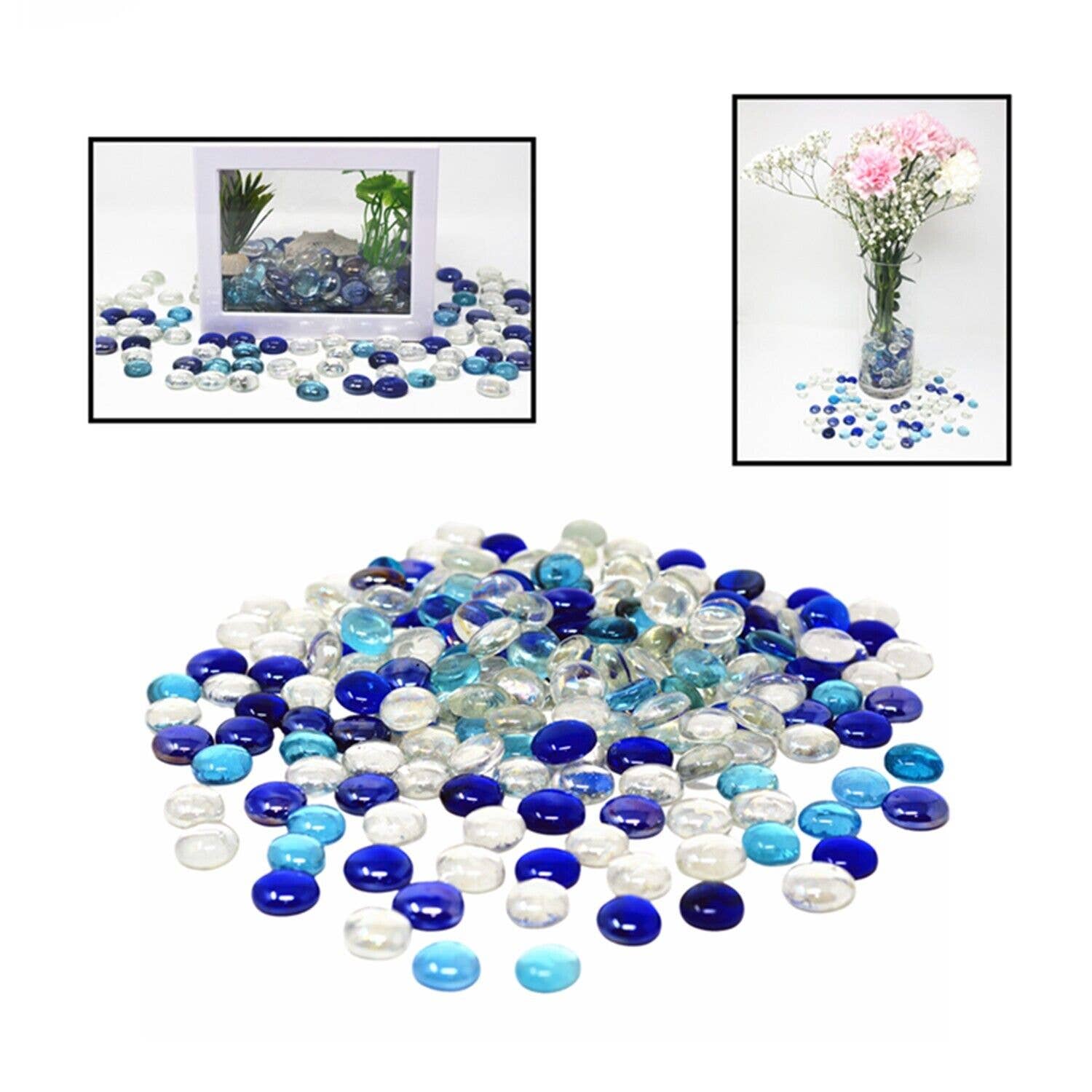 Tsyware - Wholesale Decorative Tabletop Object - 1 Lb (100 Ct)1 Bag Flat Glass Marbles Blue Clear Mixed Color1