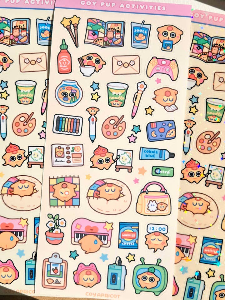 Coy Pup Activities Sticker Sheet for wholesale by Coy Apricot