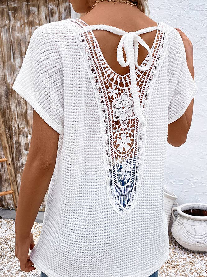 Hvid Hvid V-hals T-shirt med korte ærmer og hulmønster BFZY1342 for engroshandel på Faire5