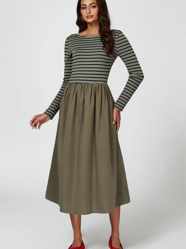 Long Sleeve Stripe Midi Dress In Olive for wholesale on Faire1