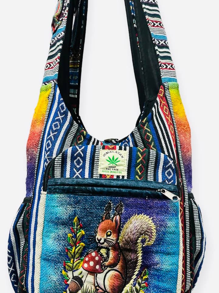 Hemp Mushroom & Squirrel Side Pocket Bag RIB24995 for wholesale by Rising International Inc