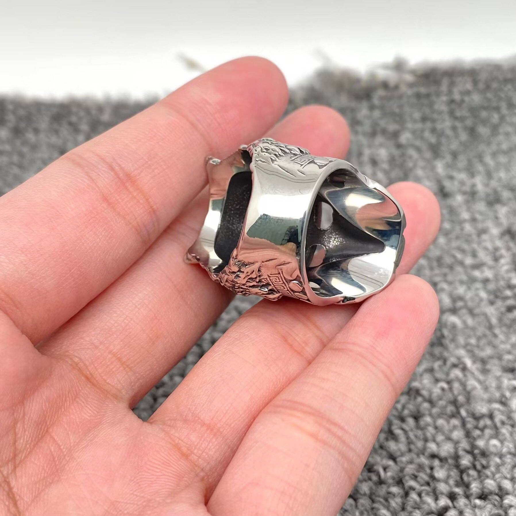 Mio Queena - Wholesale Cocktail/Statement Ring - Viking Skull Wolf Head Helmet Stainless Steel Ring - MJ/MR4