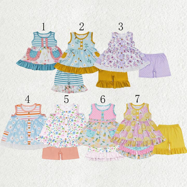 Sibling Baby Girls Sleeveless Bows Lemons Pockets Button Tunic Ruffle Shorts Set for wholesale by Aier Wholesale