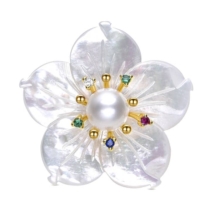 Broche con Madreperla Blanca acabados en oro amarillo de 18K - Flor para venta al por mayor de Luxenter