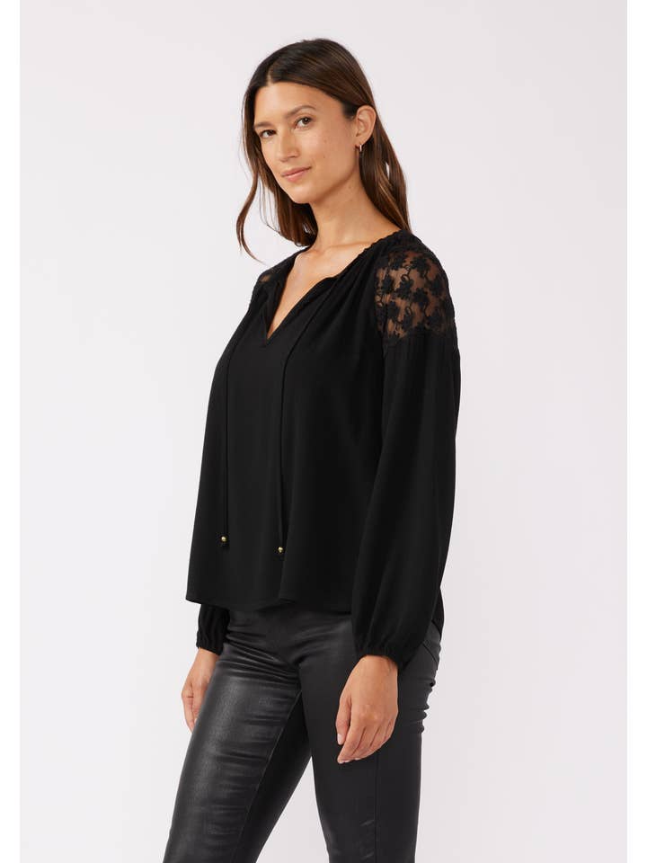 Lovestitch - Wholesale Blouse - Women's - Embroidered Mesh Long Sleeve Tie Neck Blouse