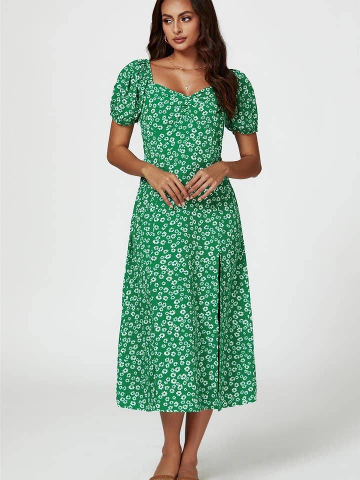 Puff Sleeve Heart Neckline Midi Dress In Green for wholesale by FS Collection