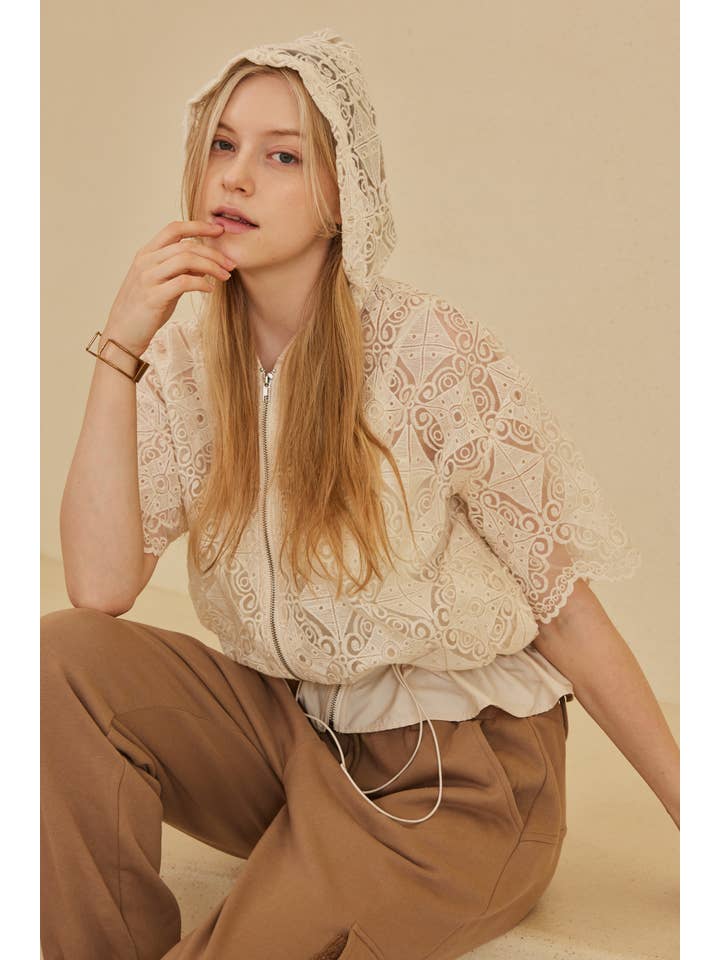 Ivory Zip Up Laced Short Sleeve Top with Hoodie for wholesale on Faire