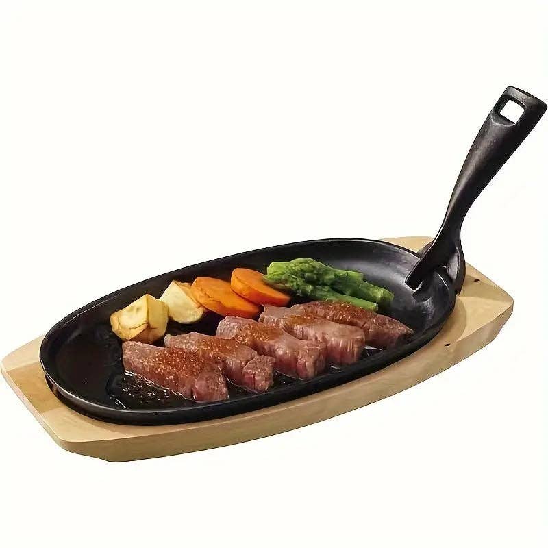Huis Van Merken - Wholesale Cast Iron Skillet - Cast Iron Griddle Pan Set – Steak & BBQ Pan with Wooden Tray & Fork0