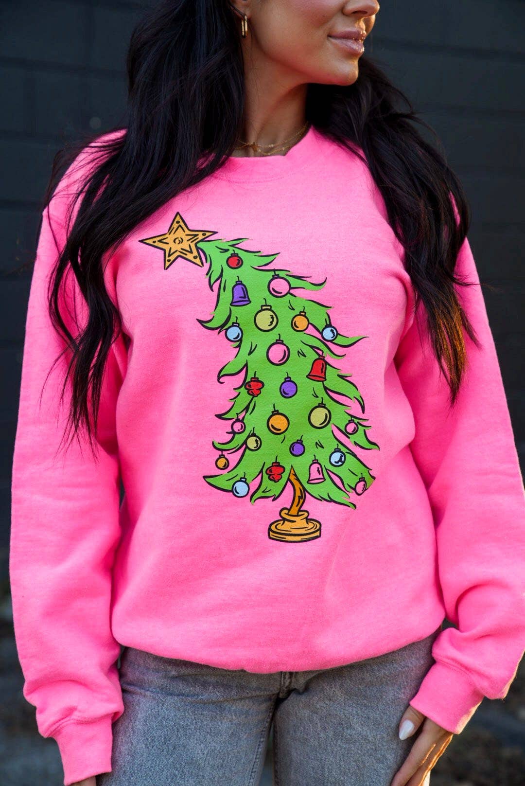 Small Town Society Apparel Co. - Wholesale Graphic Sweatshirt - Women's - Who Christmas Tree  | Neon Pink | Sweatshirt 6