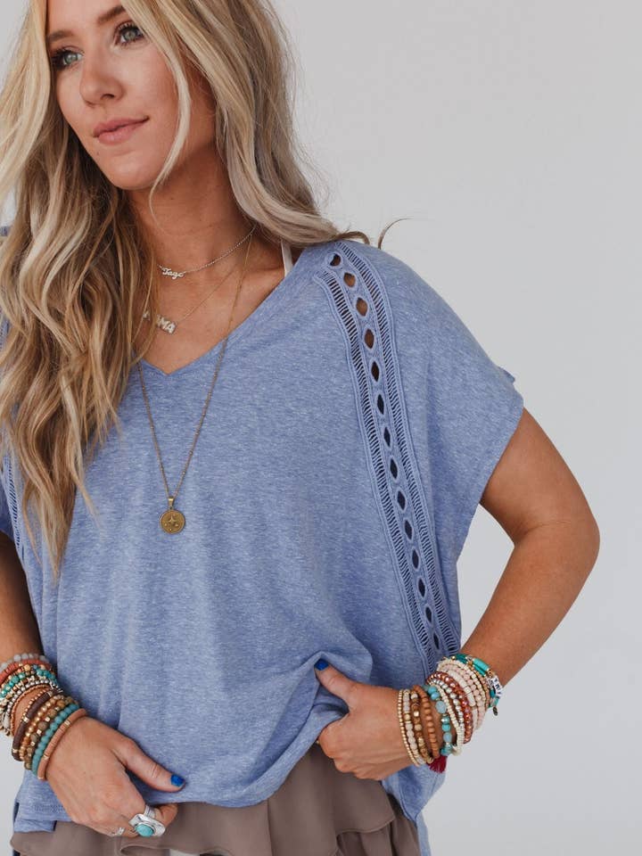 Three Bird Nest - Wholesale Blouse - Women's - Camden Lace V Neck Top - Denim