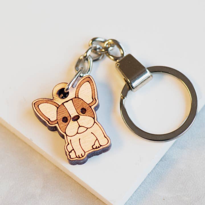 French Bulldog 2 Cherry Wood Keyring - KL20084 for wholesale by Robin Valley