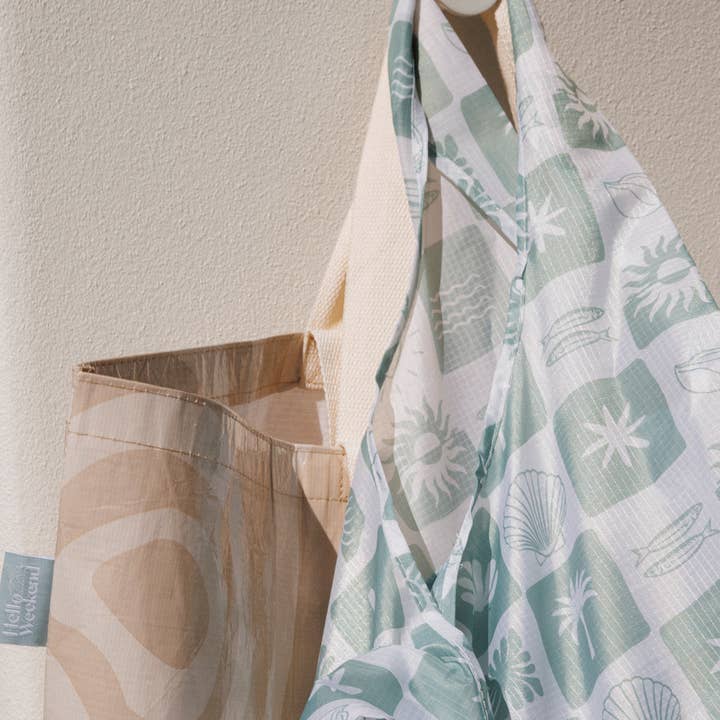 Hello Weekend – wholesale Livsmedels-/Shoppingväska – Neutral Check Sage Green - Vikbar Shoppingväska5