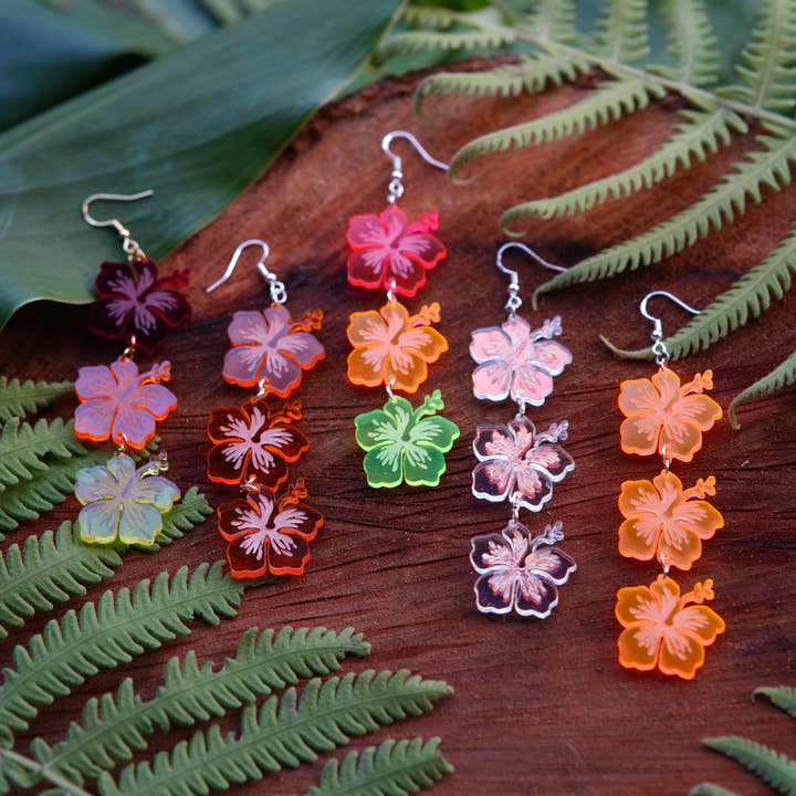 Hanging Hibiscus Trio Earrings - Laser Cut Acrylic for wholesale by Kaumana Crochet and Crafts