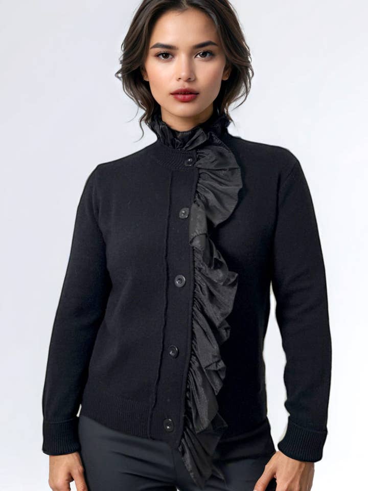 SK007 RUFFLE NECK CARDIGAN SWEATER (NAVY, BLK) for wholesale by N by Nancy