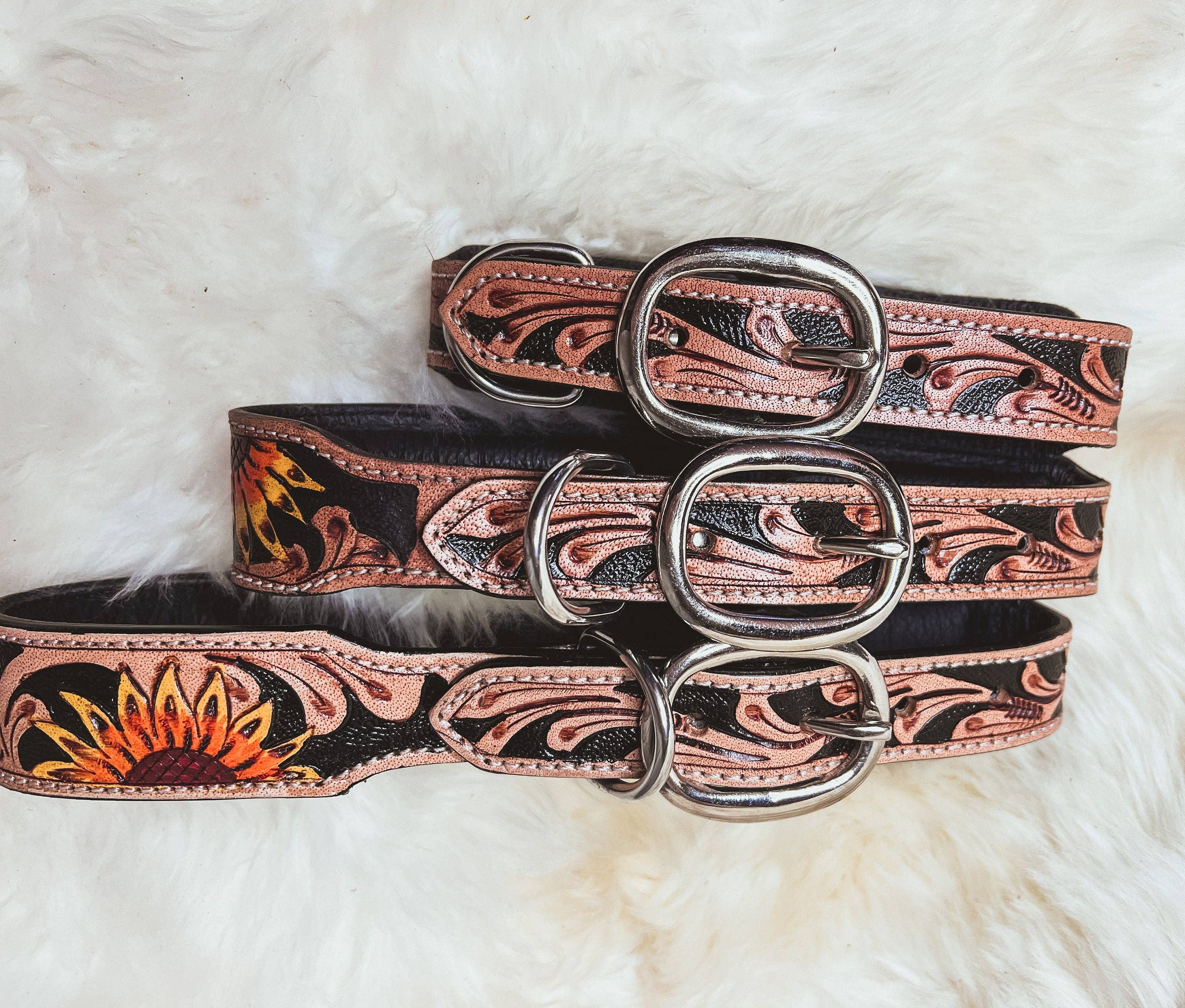 The Sterling Gypsy - Wholesale Pet Collar - Dog - Hand Tooled Sunflower Leather Western Dog Collar4