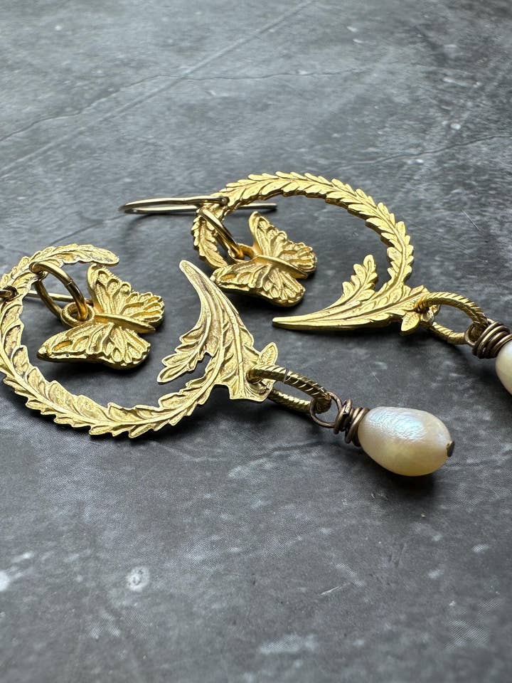 Moon Earrings: Handcrafted Boho Butterfly Leaf Pearl Jewelry for wholesale by The Sunstone on Main
