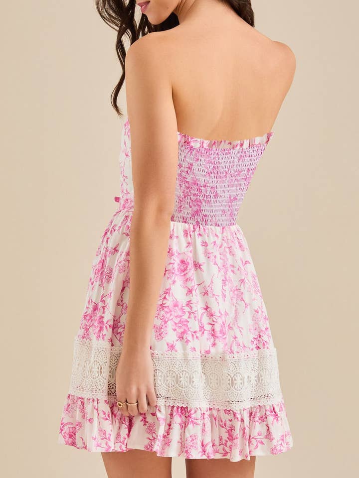Rosa Clothing - Wholesale Dress - Women's - Floral printed Crochet Lace patchwork mini strapless dress