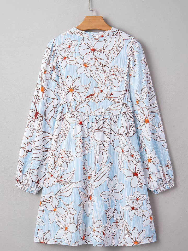 Brown Floral Print Tie Neck 3/4 Sleeve Mini Dress for wholesale on Faire3