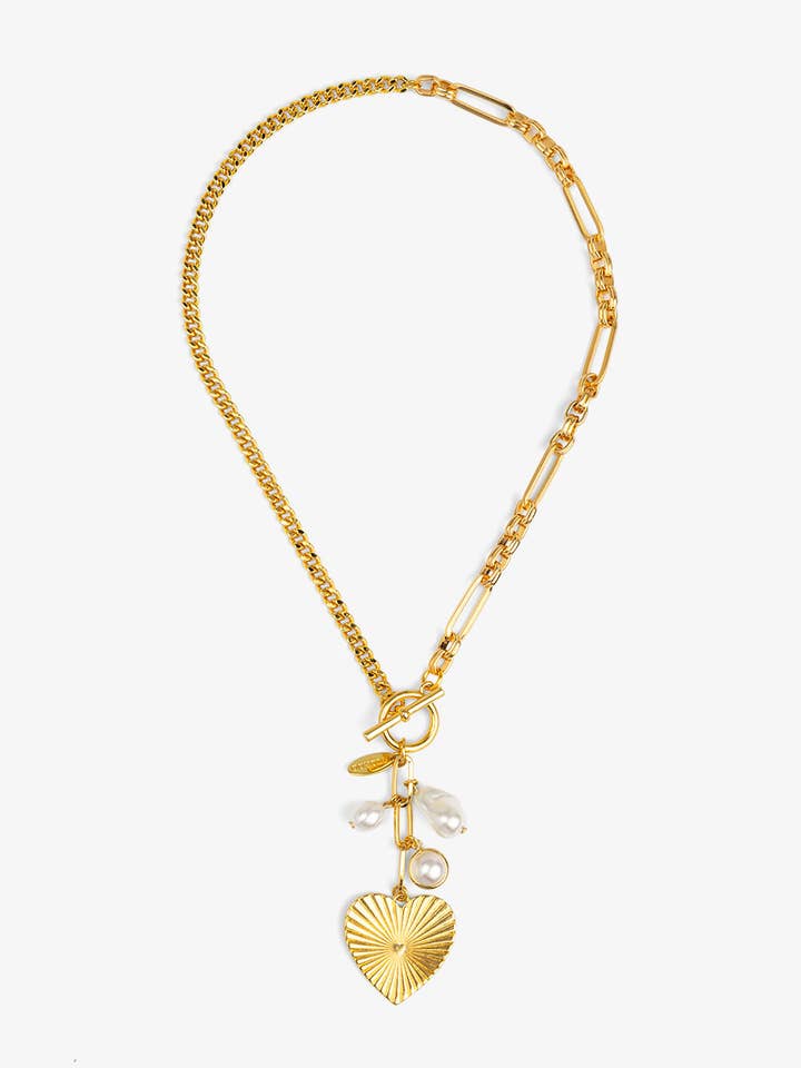 Collier sautoir à breloques cœur et perle en maillons mixtes pour la vente par VIOROO