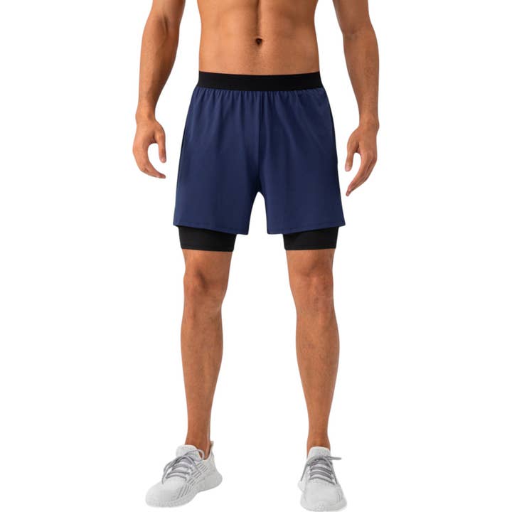 Active by Anna-Kaci - Wholesale Athletic Shorts - Men's - Men's 2-in-1 Training Shorts with Inner Compression Layer an