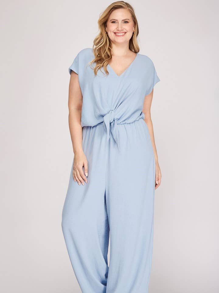 DUSTY BLUE FRONT TIE & KEYHOLE BACK PLUS SIZE JUMPSUIT S12PS for wholesale on Faire
