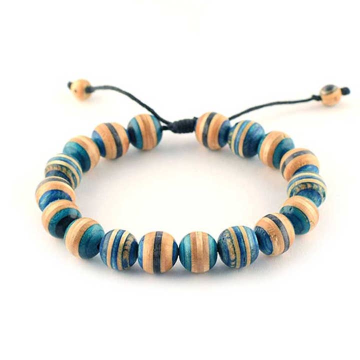 Skate4create - Vente Bracelet de perles - Bracelet en bois bleu fabriqué à partir de skateboards recyclés - Unisexe