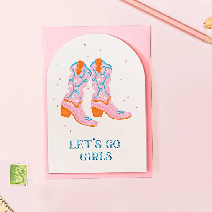 Allons-y les filles Carte Cowgirl | Anniversaire | Enterrement de vie de jeune fille pour la vente par Vero Illustrates Art Prints and Greeting Cards