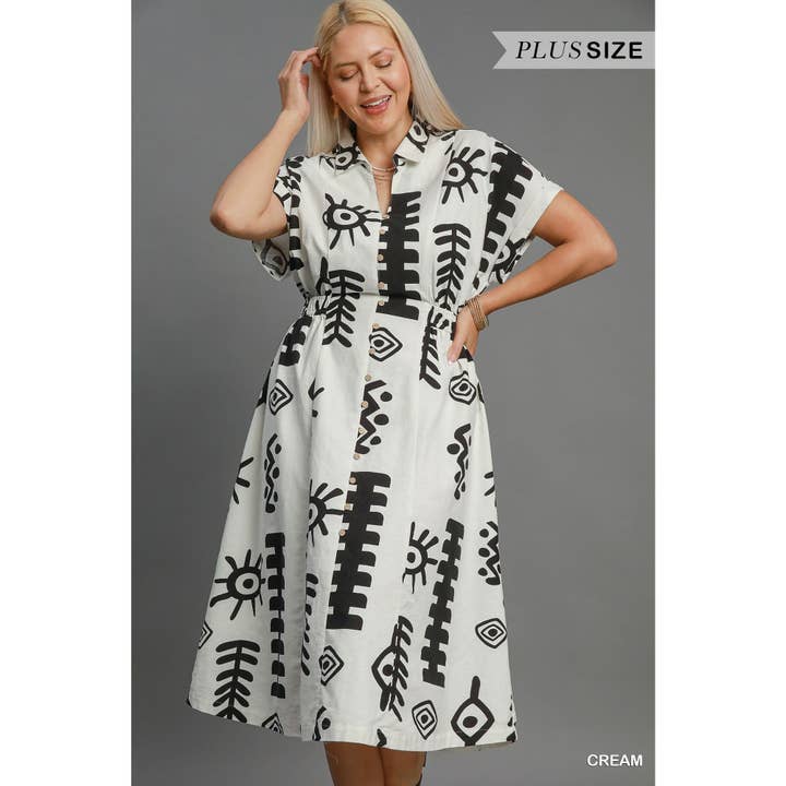 BNS - Wholesale Dress - Women's - PLUS Abstract Print Elastic Waist Midi Dress