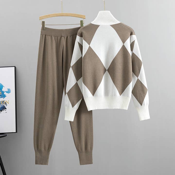 Diamond Knit Two-Piece Set — Turtleneck Sweater & Slim Trousers for wholesale by Serene Couture
