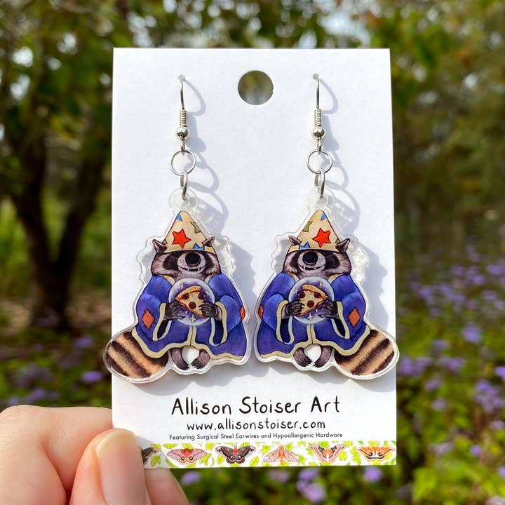 Acrylic Silly Sorcerer Raccoon Earrings for wholesale by Allison Stoiser Art