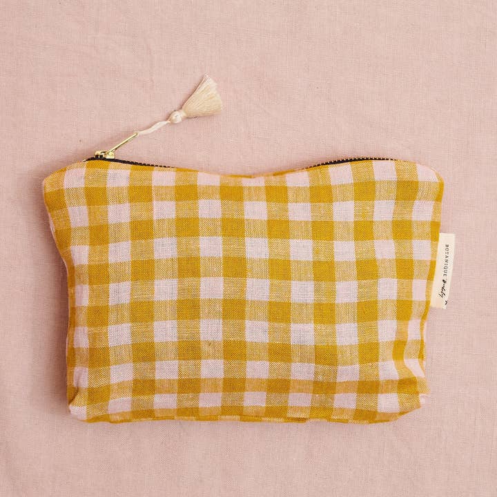 Linen Zip Pouch: Wes Gingham, two sizes available for wholesale by Botanique Workshop