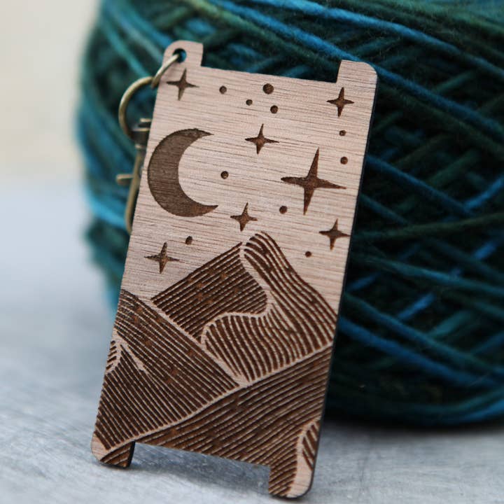 Mountains Stars Moon WPI Yarn Gauge Ruler, Walnut Wood for wholesale by Sunrise Grove