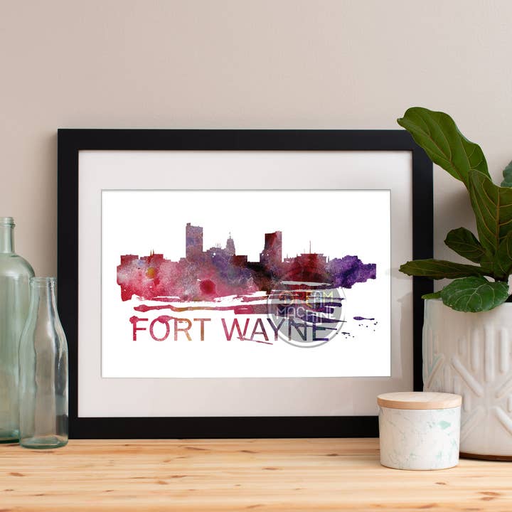 Skyline de acuarela de Fort Wayne, horizonte de Fort Wayne, arte de Fort Wayne, póster de Fort Wayne, impresión de Fort Wayne, arte de Fort Wayne, mapa de Fort Wayne WCS53 para venta al por mayor de DreamMachine Prints