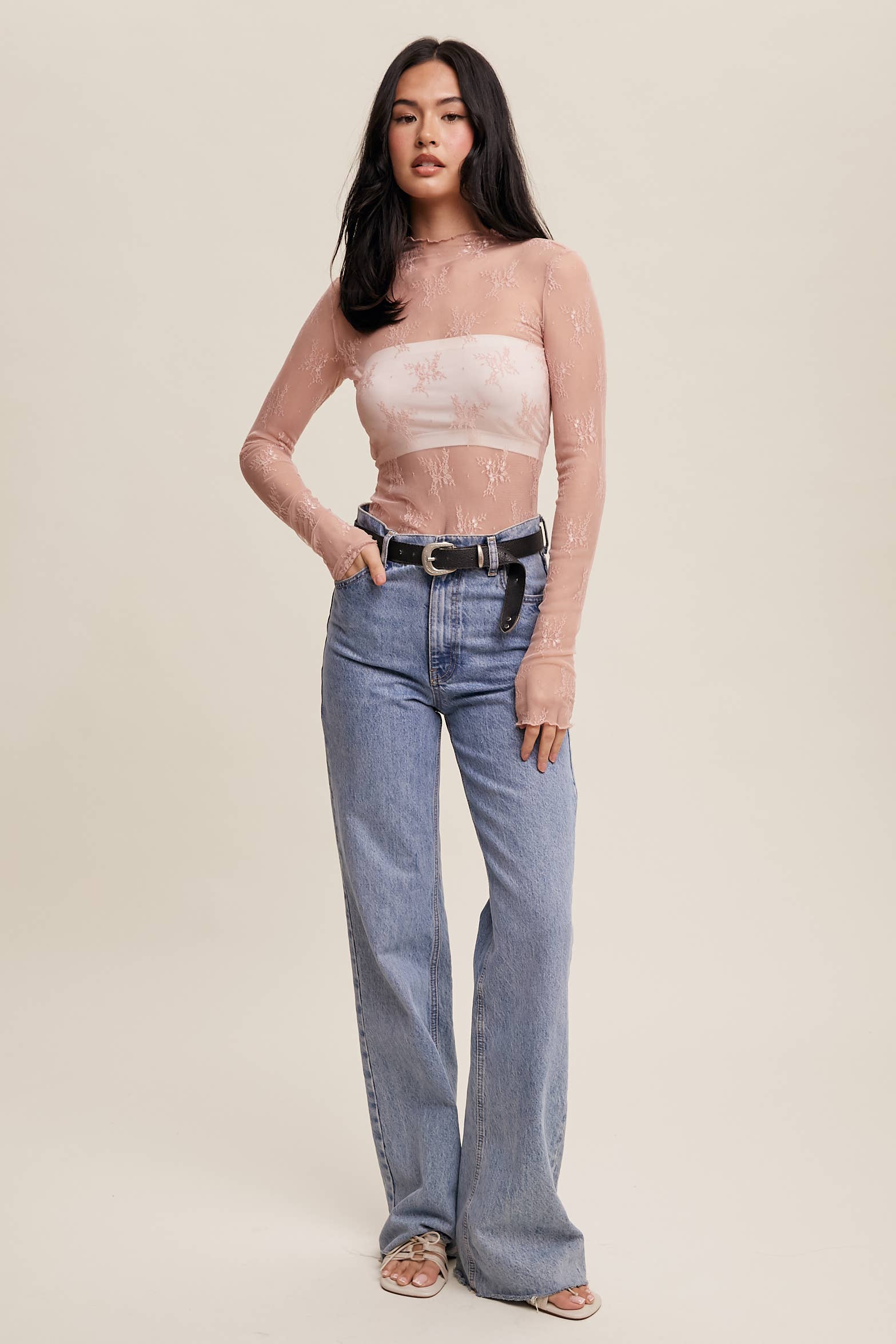 Listicle - Wholesale Blouse - Women's - Sheer Lace Long-Sleeve Top57