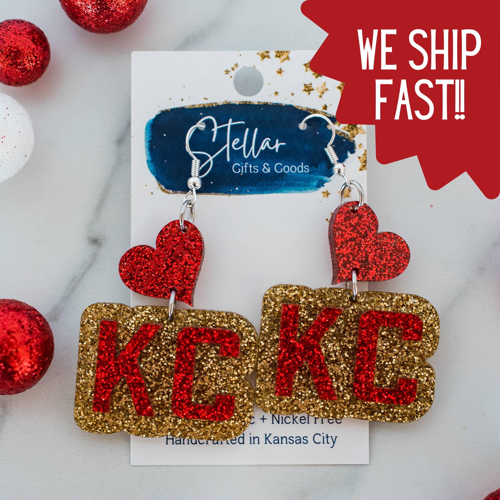 Stellar Gifts & Goods Wholesale - Wholesale Dangle Earrings - KC Football - Glitter KC Heart Drops Kansas City Red Gold
