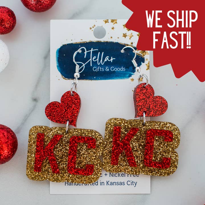 Stellar Gifts & Goods Wholesale - Wholesale Dangle Earrings - KC Football - Glitter KC Heart Drops Kansas City Red Gold0
