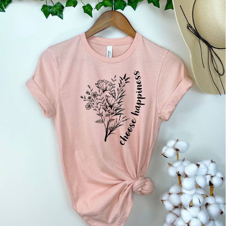 Choose Happiness Peach Tee Black Ink for wholesale by Simply Tees