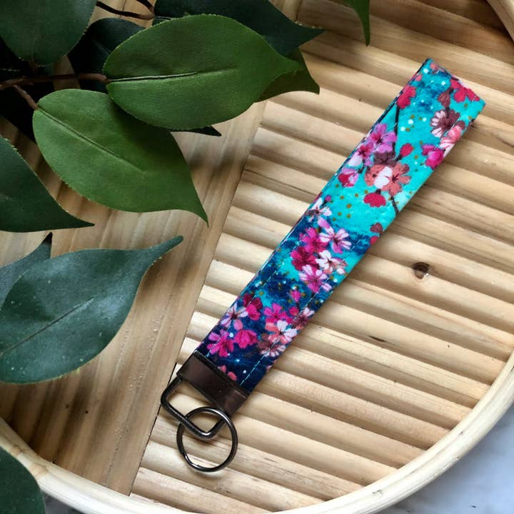 Chaveiro de pulseira de tecido de impressão em flor de cerejeira, chaveiro por atacado de MDStickerShop