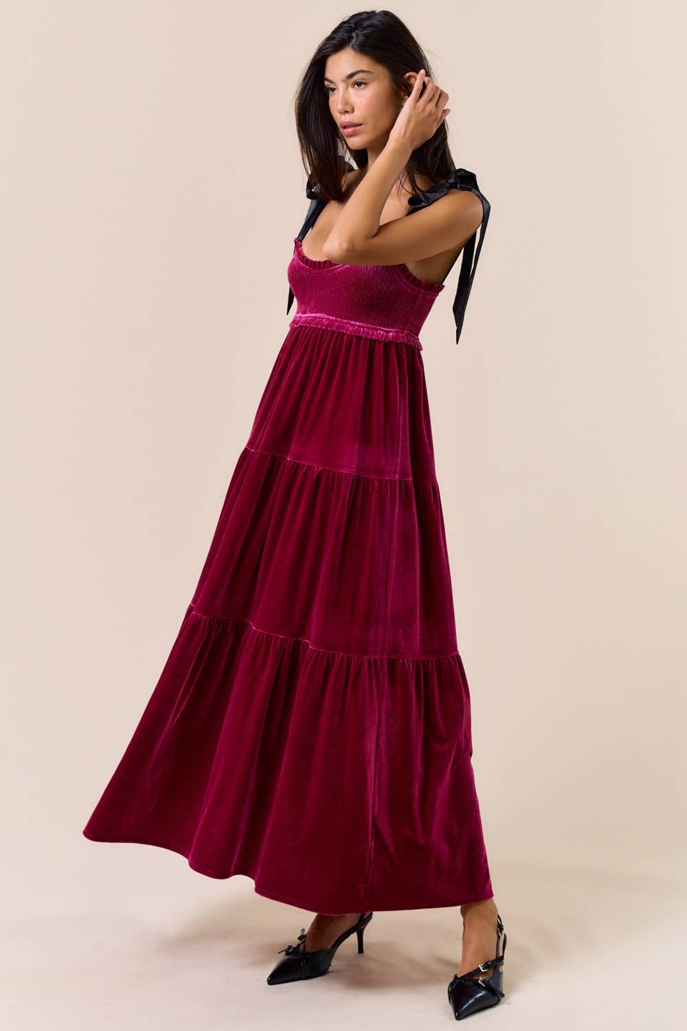 Lalavon - Wholesale Dress - Women's - ILD5094 VELVET SATIN BOW SHOULDER TIE MAXI DRESS 2