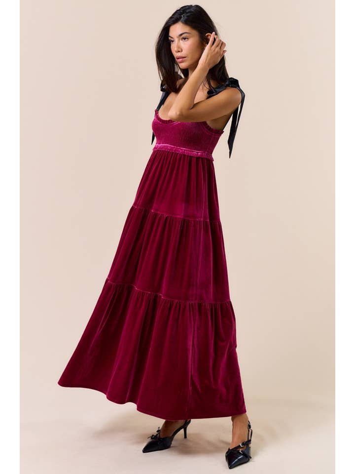Lalavon - Wholesale Dress - Women's - ILD5094 VELVET SATIN BOW SHOULDER TIE MAXI DRESS 2