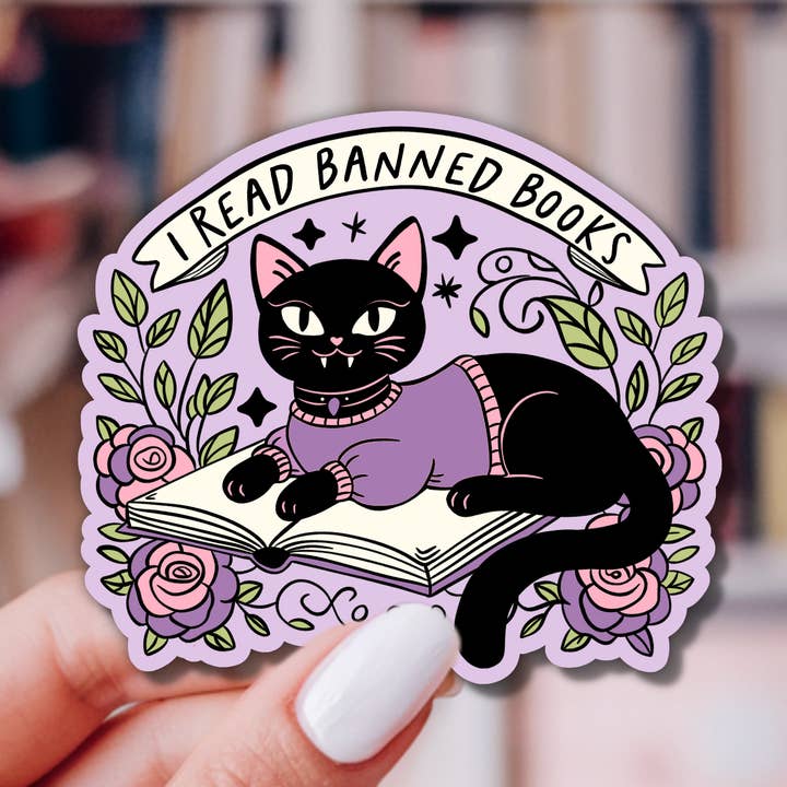 Black Cat Banned Books Sticker for wholesale by Indie Heart Studio