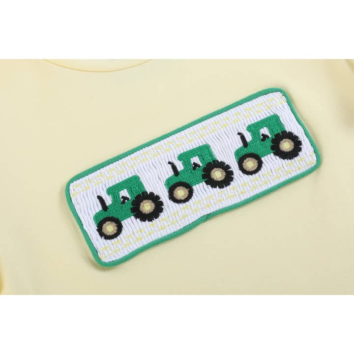 Lil Cactus - Wholesale Top & Short Set - Kids - Green Tractor Smocked T-Shirt and Gray Gingham Shorts Set