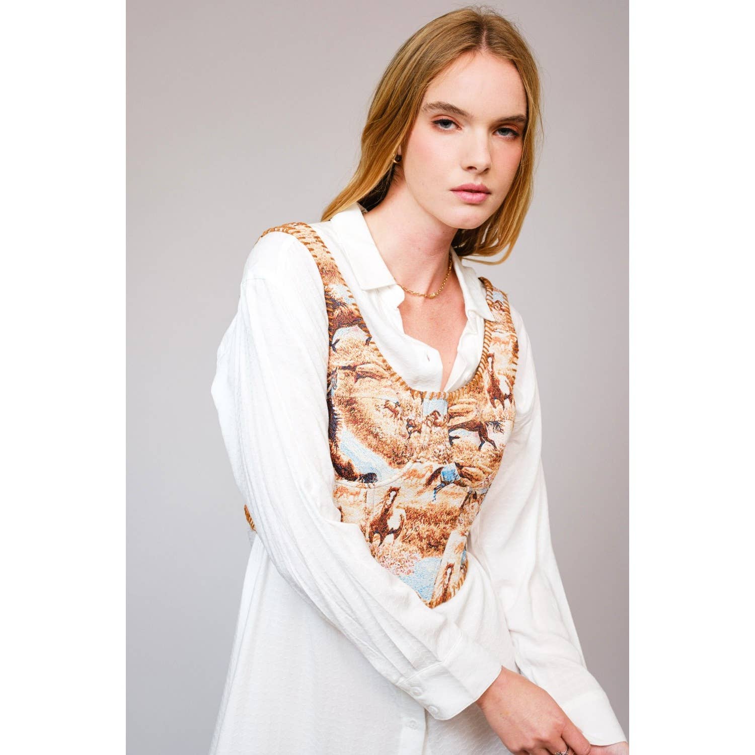 BROWN MULTI Western Horse Jacquard Stitch Detail Corset for wholesale on Faire7