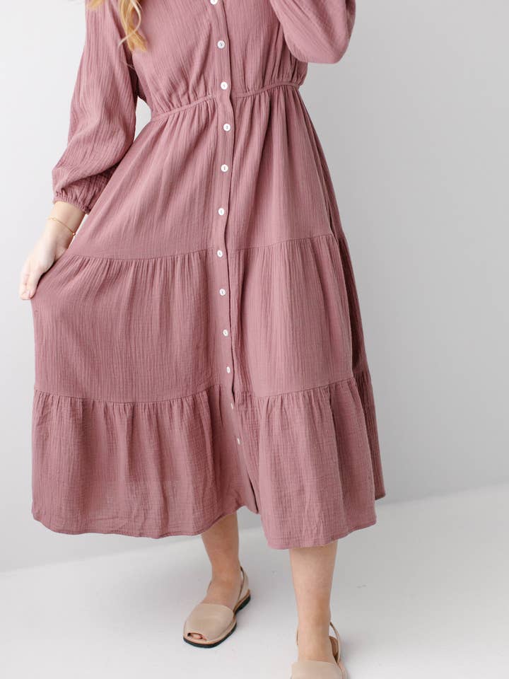 Dusty Mauve 'Louisa' Button Down Tiered Cotton Gauze Midi Dress for wholesale on Faire5