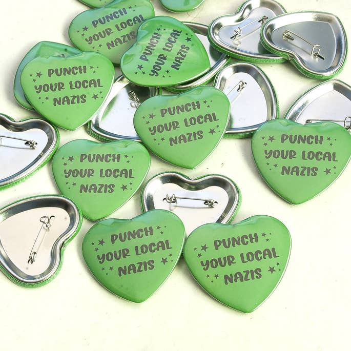 The Sad Babes Club - Wholesale Lapel Pin/Button - punch your local n*zis green/purple/orange Heart Button
