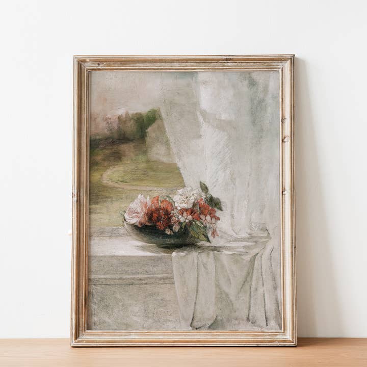 Sugar & Canvas - Wholesale Art Print - European Vintage Flowers in Vase on a Window Art Print VP133