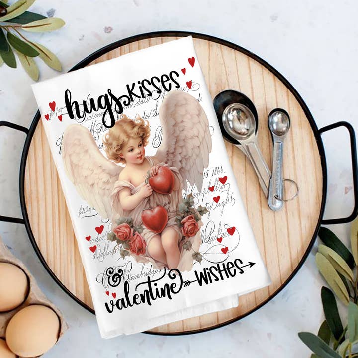 Vintage Angel Cupid Hugs Kisses Valentine Tea Towel for wholesale by Avery Lane Gifts