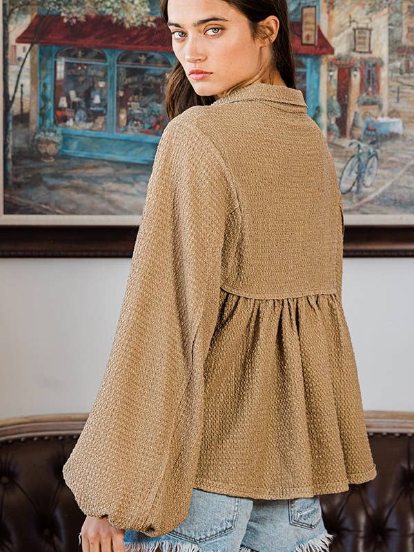 Brown T1902A Collared Split Neck Pleating Top for wholesale on Faire
