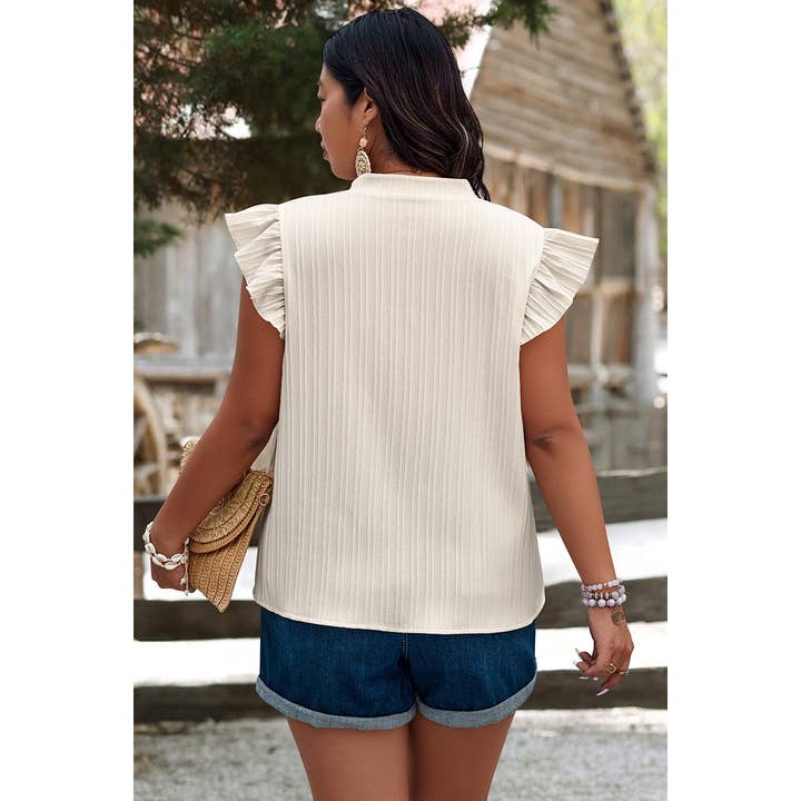 BEIGE Plus Pleated Print V Neck Ruffle Fit Shirt for wholesale on Faire
